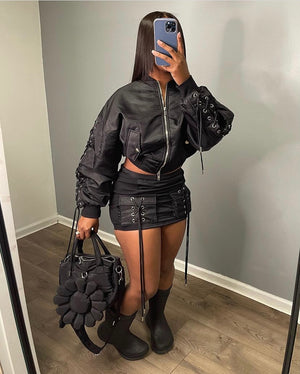 Lace Me Up Bomber Skirt Set