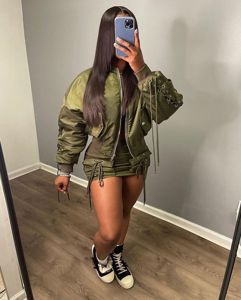 Lace Me Up Bomber Skirt Set