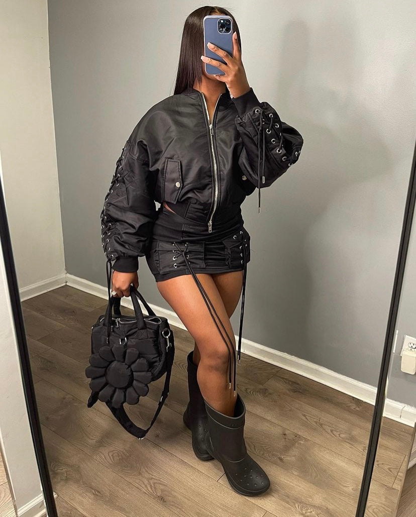 Lace Me Up Bomber Skirt Set