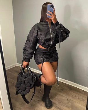 Lace Me Up Bomber Skirt Set